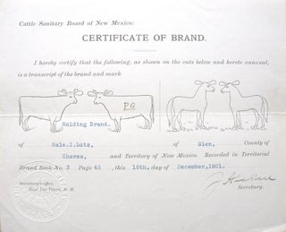 Item #0909111 CERTIFICATE OF BRAND, CHAVES COUNTY. New Mexico
