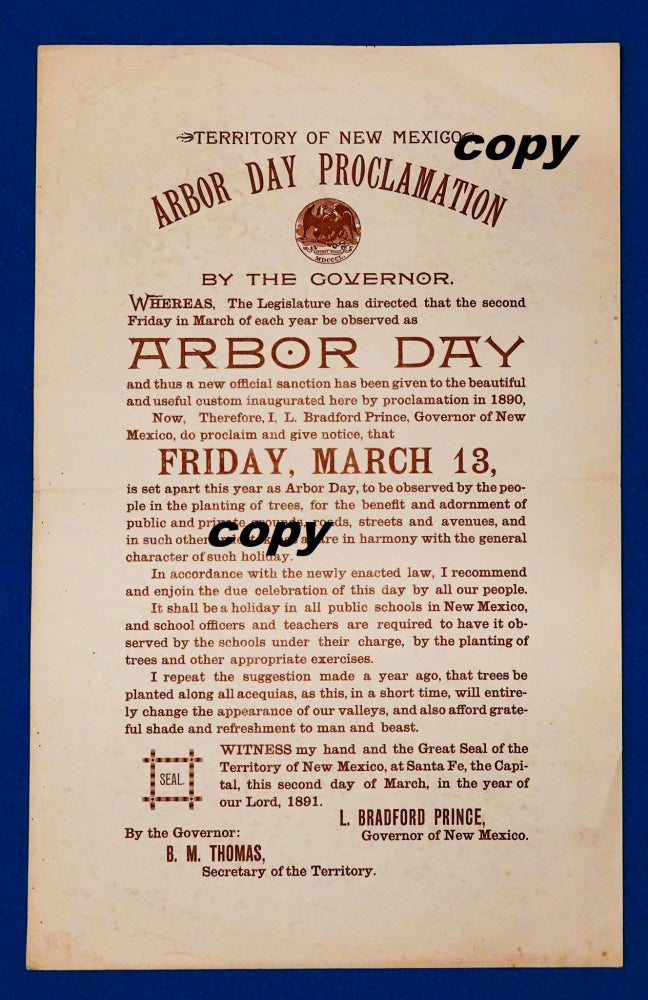Item #2105075 TERRITORY OF NEW MEXICO 1891 ARBOR DAY PROCLAMATION. New Mexico Governor.