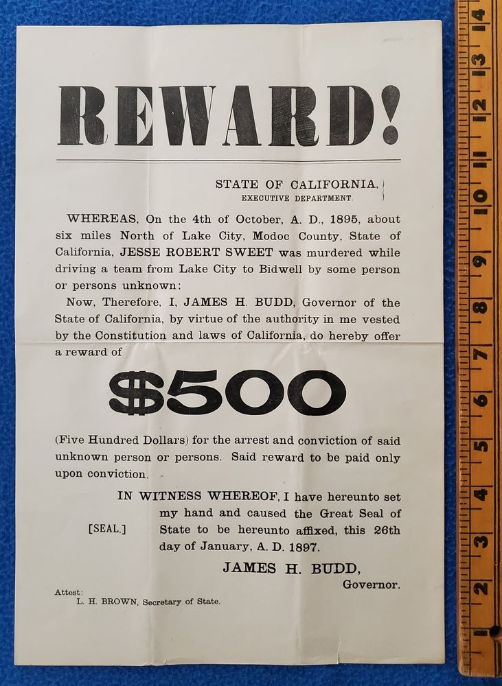 Item #2210009 REWARD! $500. James H. Budd, Gov.