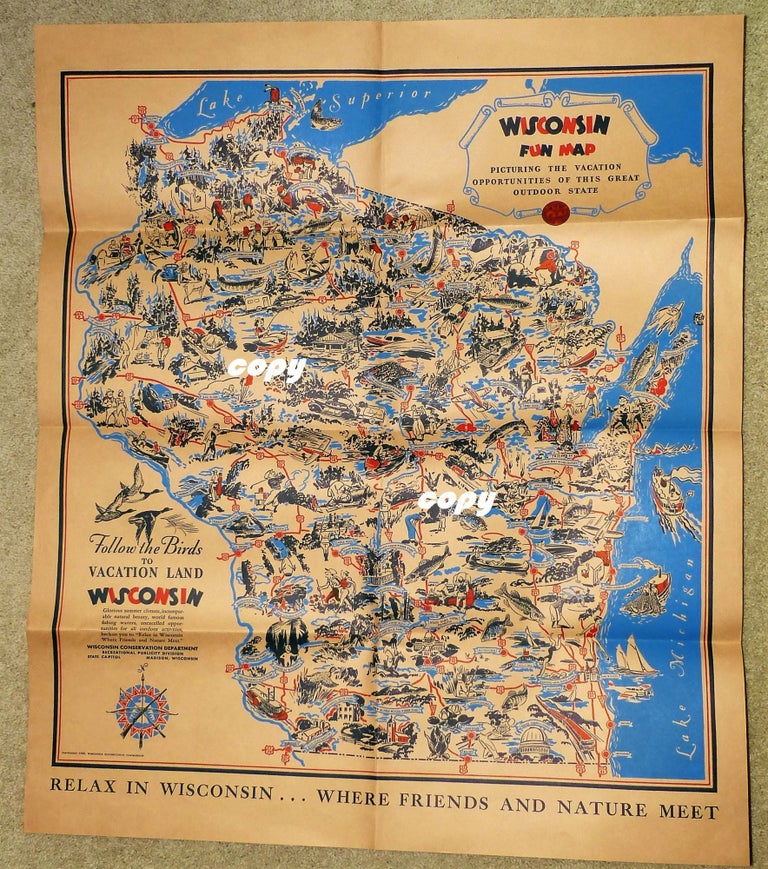 Wisconsin Fun Map 1960s State Map Of Wisconsin Landmarks Icons Flower Bird Ozaukee