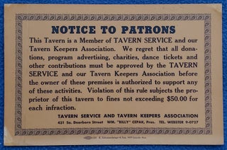 Item #5035062 NOTICE TO PATRONS: This Tavern is a Member of Tavern Service. Chicago Tavern Keepers