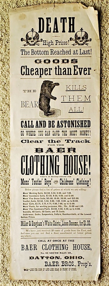 Item #SHEL1406 DEATH TO HIGH PRICES ... CALL AND BE ASTONISHED ... BAER CLOTHING HOUSE! Ohio, Baer Clothing House.