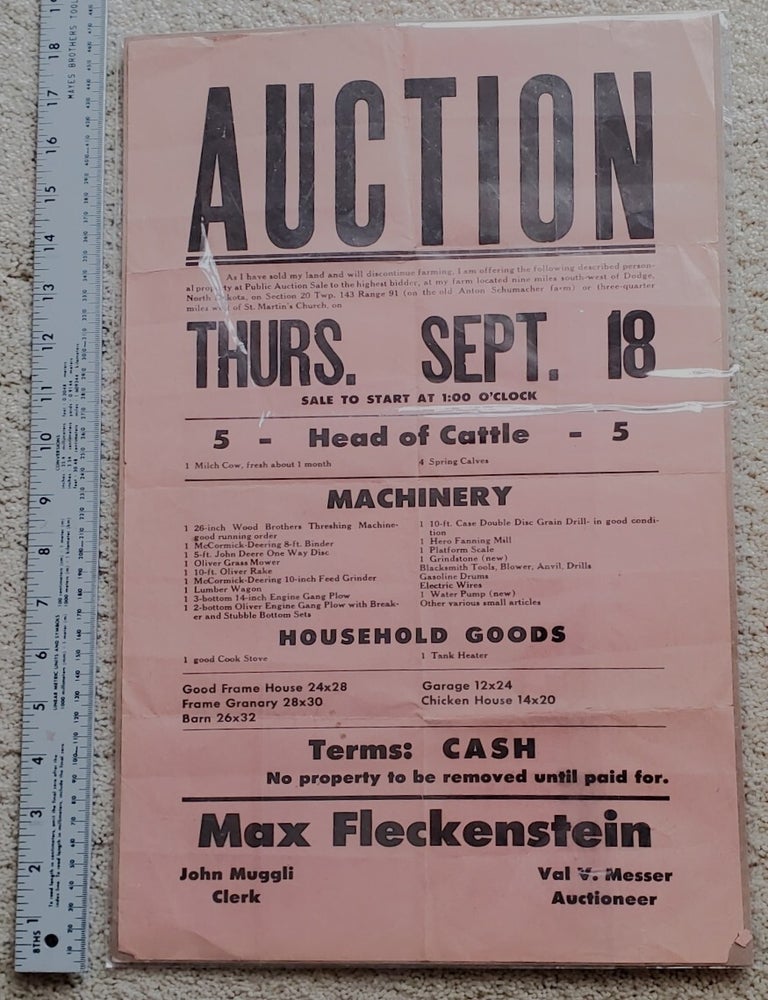 Item #xxx023 SOUTH DAKOTA FARM AUCTION POSTER. North Dakota, Auctioneer Val V. Messer.